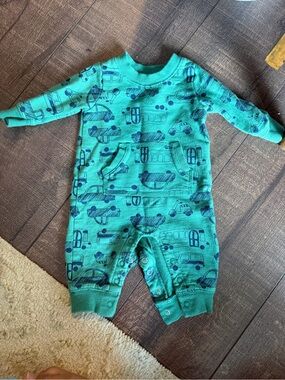 Carter's 3M Teal Green Vehicle Print Long Sleeve Snap-Up Romper with Pocket